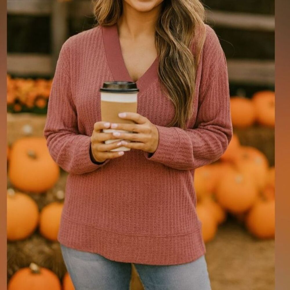 Pink Lily Waffle Knit V Neck Sweater Women M Rose Pink Relaxed Tunic Pullover